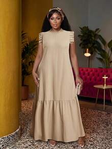 Veslaya Spring/Summer New Arrival Vacation Elegant Casual Loose Solid Beige Woven Textured Fabric Sleeveless Ruffle Trim Collar Maxi Dress For Plus Size Women - Apricot - View 1