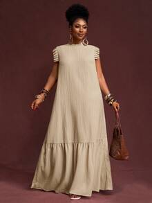 Veslaya Spring/Summer New Arrival Vacation Elegant Casual Loose Solid Beige Woven Textured Fabric Sleeveless Ruffle Trim Collar Maxi Dress For Plus Size Women - Apricot - View 9