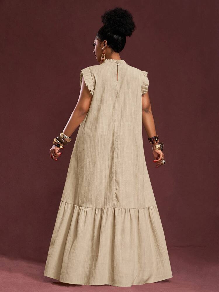 Veslaya Spring/Summer New Arrival Vacation Elegant Casual Loose Solid Beige Woven Textured Fabric Sleeveless Ruffle Trim Collar Maxi Dress For Plus Size Women - Apricot - View 8