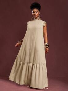 Veslaya Spring/Summer New Arrival Vacation Elegant Casual Loose Solid Beige Woven Textured Fabric Sleeveless Ruffle Trim Collar Maxi Dress For Plus Size Women - Apricot - View 6