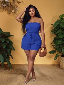 Veslaya Plus Size Women's Green Solid Color Slim Fitted Sleeveless Jumpsuit Rope Decor Textured Knit Fabric, Casual Vacation Wear, Spring/Summer - Blue - View 1