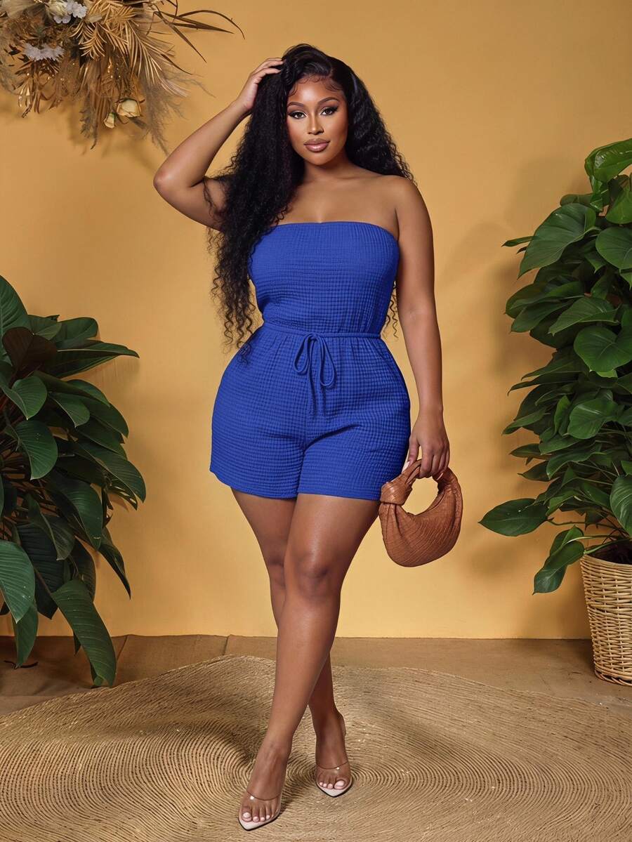 Veslaya Plus Size Women's Green Solid Color Slim Fitted Sleeveless Jumpsuit Rope Decor Textured Knit Fabric, Casual Vacation Wear, Spring/Summer - Blue - View 1