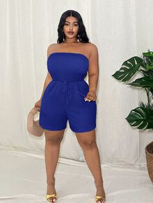 Veslaya Plus Size Women's Green Solid Color Slim Fitted Sleeveless Jumpsuit Rope Decor Textured Knit Fabric, Casual Vacation Wear, Spring/Summer - Blue - View 3