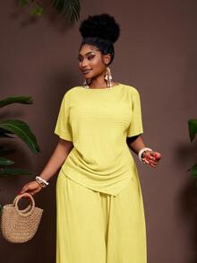 Veslaya 2pcs/Set 2026 Spring/Summer Casual Vacation Solid Color Asymmetric Hem Short Sleeve Top And Elastic Waist Wide Leg Pants Plus Size Yellow - Light Yellow - View 6