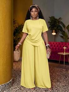 Veslaya 2pcs/Set 2026 Spring/Summer Casual Vacation Solid Color Asymmetric Hem Short Sleeve Top And Elastic Waist Wide Leg Pants Plus Size Yellow - Light Yellow - View 1