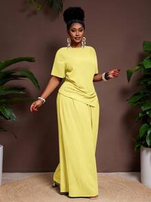 Veslaya 2pcs/Set 2026 Spring/Summer Casual Vacation Solid Color Asymmetric Hem Short Sleeve Top And Elastic Waist Wide Leg Pants Plus Size Yellow - Light Yellow - View 3