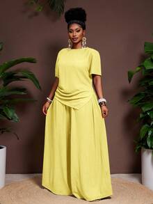 Veslaya 2pcs/Set 2026 Spring/Summer Casual Vacation Solid Color Asymmetric Hem Short Sleeve Top And Elastic Waist Wide Leg Pants Plus Size Yellow - Light Yellow - View 9