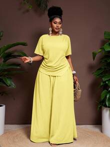 Veslaya 2pcs/Set 2026 Spring/Summer Casual Vacation Solid Color Asymmetric Hem Short Sleeve Top And Elastic Waist Wide Leg Pants Plus Size Yellow - Light Yellow - View 4