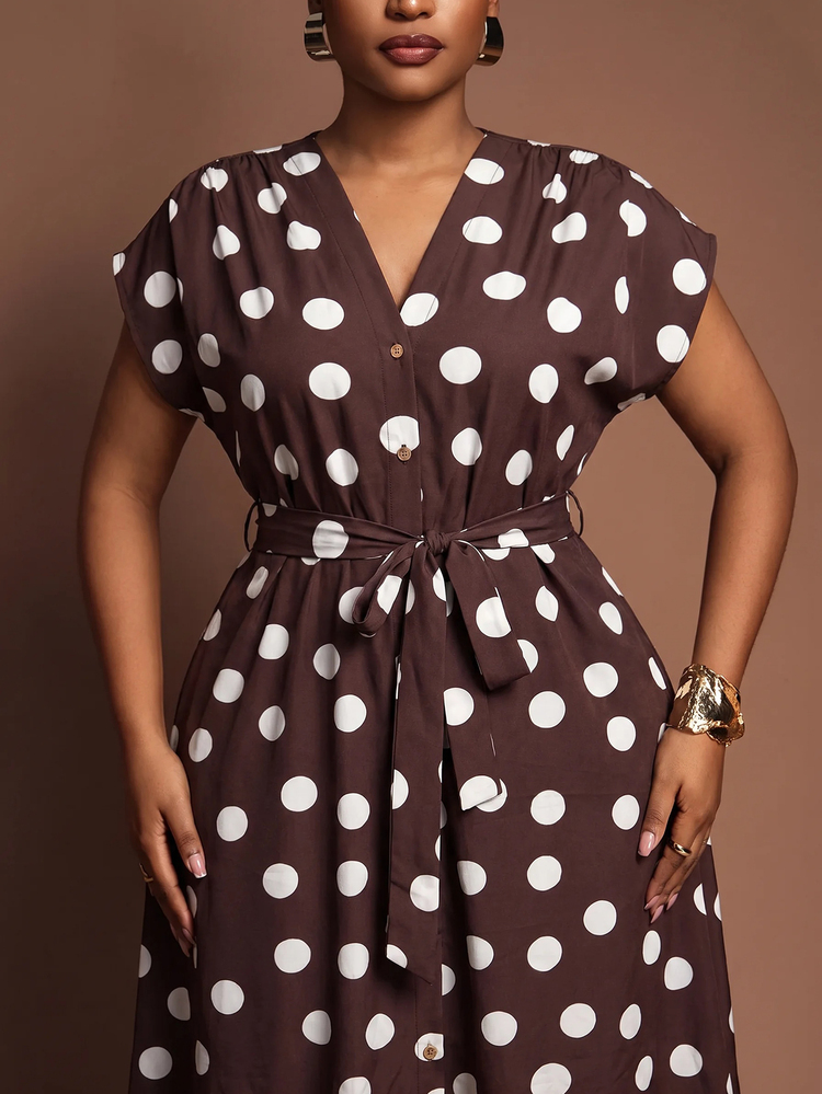 Veslaya New Summer/Fall Plus Size Women's V-Neck Short Sleeve Tie Front Long A-Line Dress/Elegant 1950s Vintage/Party Brunch/Vacation/Festival/Polka Dot Brown - Brown - View 5