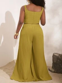 Veslaya Spring Summer Resort Casual Olive Green Fish Bone Strap Top Wide Leg Pants Pocketed 2 Pieces Set Textured Fabric Women Plus Size Suit Beach Vacation - Yellow - View 2