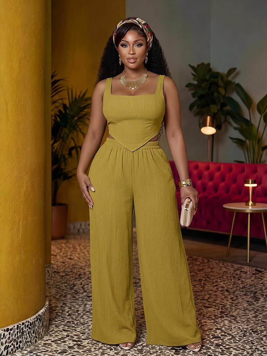 Veslaya Spring Summer Resort Casual Olive Green Fish Bone Strap Top Wide Leg Pants Pocketed 2 Pieces Set Textured Fabric Women Plus Size Suit Beach Vacation - Yellow - View 1
