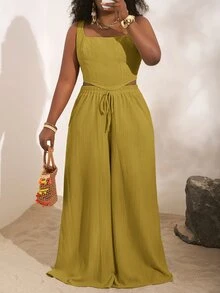 Veslaya Spring Summer Resort Casual Olive Green Fish Bone Strap Top Wide Leg Pants Pocketed 2 Pieces Set Textured Fabric Women Plus Size Suit Beach Vacation - Yellow - View 5
