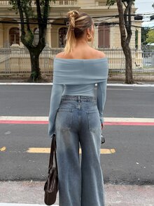 BiaLiraa 女款露肩修身T恤，秋冬新款長袖 - 藍色 - 查看 2