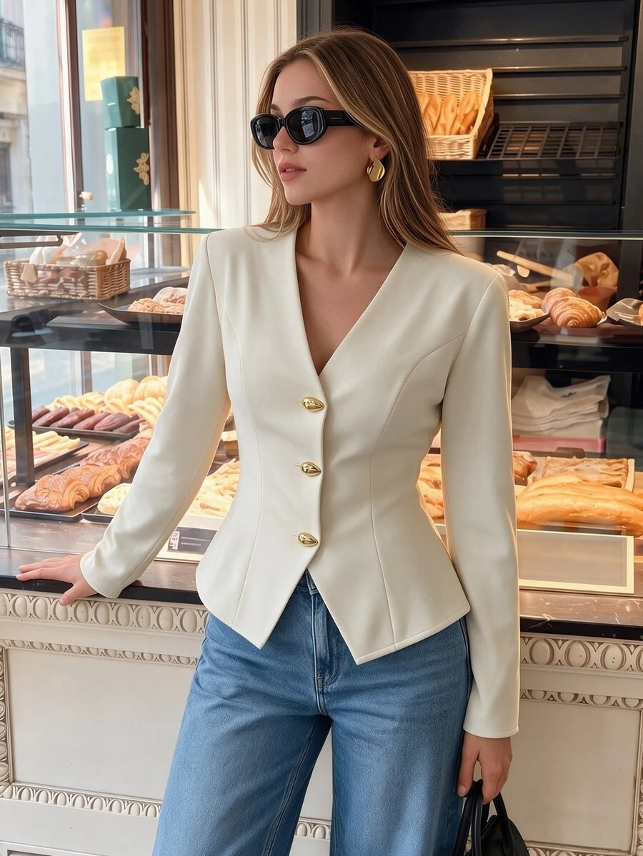 valorelle valorelle Structured Women's Fashion New V-Neck Long Sleeve Jacket, Water Drop Button Design, Versatile Commuter Style T-Shirt - Apricot - View 1