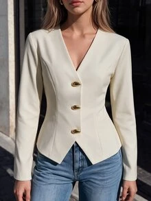 valorelle valorelle Structured Women's Fashion New V-Neck Long Sleeve Jacket, Water Drop Button Design, Versatile Commuter Style T-Shirt - Apricot - View 4
