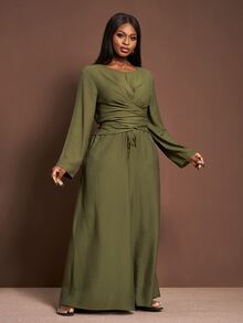 Veslaya Plus Size Summer Elegant Olive Green Long Sleeve Top And Wide Leg Pants Set, Modest Round Neck Overlapping Hem Co Ord Set For Beach Vacation Daily Wear - Green - View 5