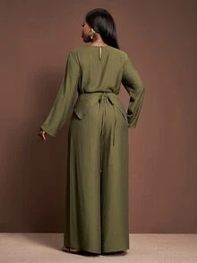 Veslaya Plus Size Summer Elegant Olive Green Long Sleeve Top And Wide Leg Pants Set, Modest Round Neck Overlapping Hem Co Ord Set For Beach Vacation Daily Wear - Green - View 2