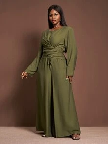 Veslaya Plus Size Summer Elegant Olive Green Long Sleeve Top And Wide Leg Pants Set, Modest Round Neck Overlapping Hem Co Ord Set For Beach Vacation Daily Wear - Green - View 3