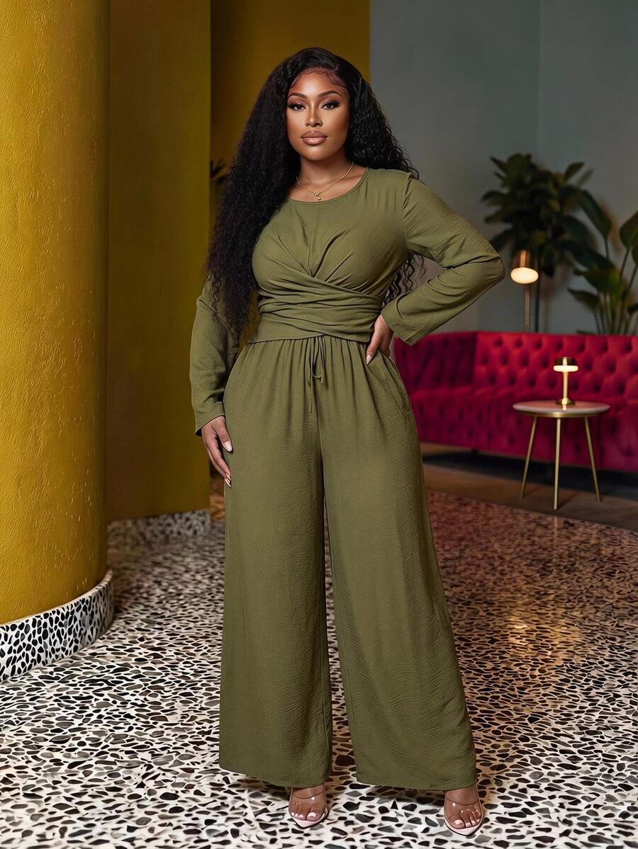 Veslaya Plus Size Summer Elegant Olive Green Long Sleeve Top And Wide Leg Pants Set, Modest Round Neck Overlapping Hem Co Ord Set For Beach Vacation Daily Wear - Green - View 1