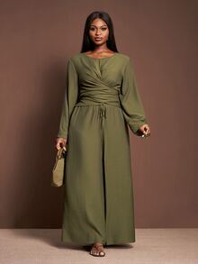 Veslaya Plus Size Summer Elegant Olive Green Long Sleeve Top And Wide Leg Pants Set, Modest Round Neck Overlapping Hem Co Ord Set For Beach Vacation Daily Wear - Green - View 7