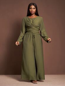 Veslaya Plus Size Summer Elegant Olive Green Long Sleeve Top And Wide Leg Pants Set, Modest Round Neck Overlapping Hem Co Ord Set For Beach Vacation Daily Wear - Green - View 4