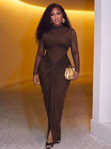 Veslaya Plus Size Brown Autumn Elegant Dinner Long Sleeve Mermaid Maxi Dress, Ruched Fitted Curve Birthday Outfit,Wedding Guest Boho Party Dress - Coffee Brown - View 1