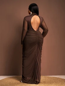 Veslaya Plus Size Brown Autumn Elegant Dinner Long Sleeve Mermaid Maxi Dress, Ruched Fitted Curve Birthday Outfit,Wedding Guest Boho Party Dress - Coffee Brown - View 2