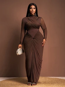 Veslaya Plus Size Brown Autumn Elegant Dinner Long Sleeve Mermaid Maxi Dress, Ruched Fitted Curve Birthday Outfit,Wedding Guest Boho Party Dress - Coffee Brown - View 6