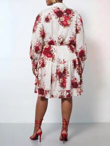 Veslaya Plus Size Elegant Floral Print Dress For Autumn Fall Formal Date Night White - Multicolor - View 3