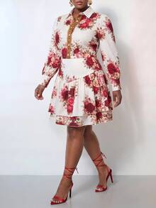 Veslaya Plus Size Elegant Floral Print Dress For Autumn Fall Formal Date Night White - Multicolor - View 5