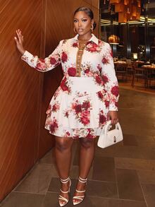 Veslaya Plus Size Elegant Floral Print Dress For Autumn Fall Formal Date Night White - Multicolor - View 10