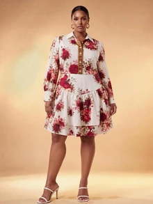 Veslaya Plus Size Elegant Floral Print Dress For Autumn Fall Formal Date Night White - Multicolor - View 9