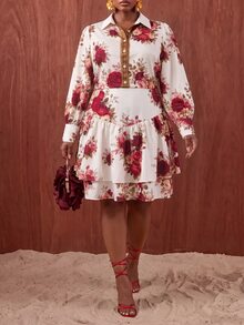 Veslaya Plus Size Elegant Floral Print Dress For Autumn Fall Formal Date Night White - Multicolor - View 8