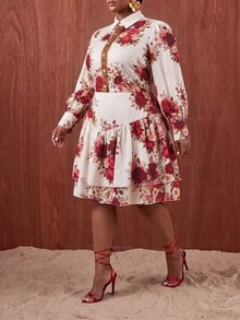 Veslaya Plus Size Elegant Floral Print Dress For Autumn Fall Formal Date Night White - Multicolor - View 7