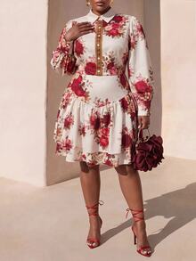 Veslaya Plus Size Elegant Floral Print Dress For Autumn Fall Formal Date Night White - Multicolor - View 6