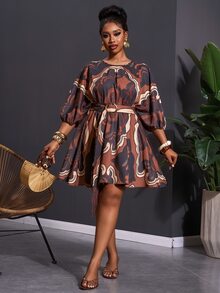 Veslaya Plus Size Women Floral Print Round Neck Lantern Sleeve Casual Dress Fall - Multicolor - View 5