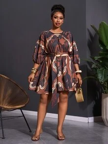 Veslaya Plus Size Women Floral Print Round Neck Lantern Sleeve Casual Dress Fall - Multicolor - View 7
