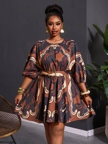 Veslaya Plus Size Women Floral Print Round Neck Lantern Sleeve Casual Dress Fall - Multicolor - View 2