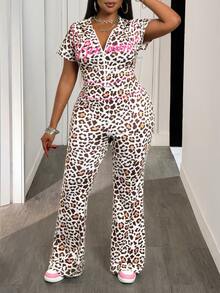 Veslaya Conjunto de 2 piezas de top corto con cremallera delantera y pantalones campana con estampado de leopardo y diseño de letras para mujer talla grande, nuevo verano 2025 - Multicolor - Ver 6