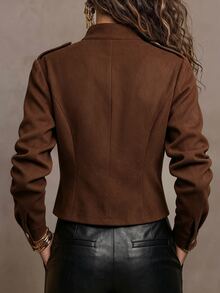 LUMIGAL Napoleon Military Slim Jacket Women Stand Collar Double Breasted Peplum Office Autumn - Brown - View 3