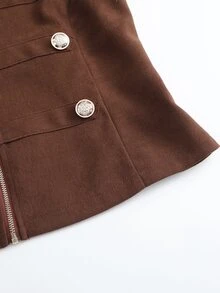 LUMIGAL Napoleon Military Slim Jacket Women Stand Collar Double Breasted Peplum Office Autumn - Brown - View 5