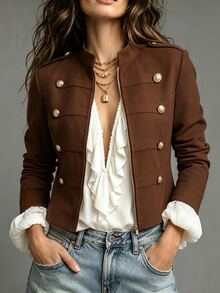 LUMIGAL Napoleon Military Slim Jacket Women Stand Collar Double Breasted Peplum Office Autumn - Brown - View 2
