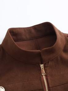 LUMIGAL Napoleon Military Slim Jacket Women Stand Collar Double Breasted Peplum Office Autumn - Brown - View 6