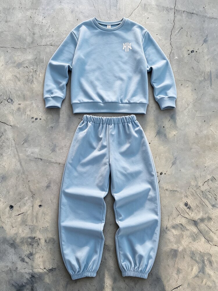 SHEIN Coolqubz Tween Boys Autumn/Winter Letter Print Sweatshirt Set, Boys Crew Neck Drop Shoulder Long Sleeve Top, Cuffed Pants Two Pieces Set, American Retro Loose Casual Children Sports Outfit - Blue - View 3