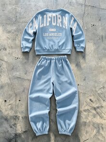 SHEIN Coolqubz 青少年男孩秋冬字母印花運動衫套裝，圓領落肩長袖上衣搭配束口長褲兩件套，美式復古寬鬆休閒兒童運動套裝 - 藍色 - 查看 2
