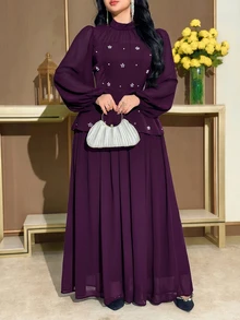 Modelyn Plus Size Women Mandarin Collar Pearl Decor Waist Cinched Party Dress Fall - Purple - View 2
