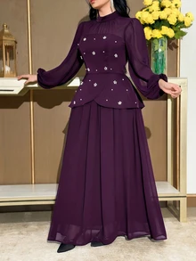 Modelyn Plus Size Women Mandarin Collar Pearl Decor Waist Cinched Party Dress Fall - Purple - View 5