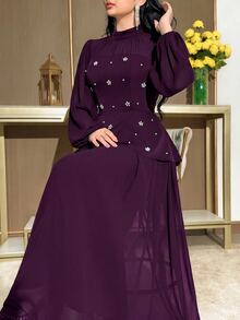 Modelyn Plus Size Women Mandarin Collar Pearl Decor Waist Cinched Party Dress Fall - Purple - View 3