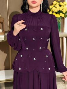 Modelyn Plus Size Women Mandarin Collar Pearl Decor Waist Cinched Party Dress Fall - Purple - View 6