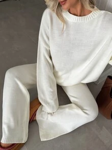 SHEIN طقم كاجوال بسيط من قطعتين من الصوف المحبوك، كنزة بحافة غير متماثلة وبنطال واسع الساق، للارتداء اليومي والسفر، باللون الأبيض الكريمي - أبيض - مشاهدة 8